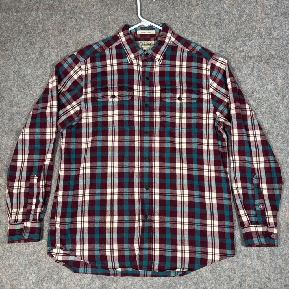 LL Bean Flannel Shirt Mens M Burgundy Teal Excellent‎ Traditional Fit 285285